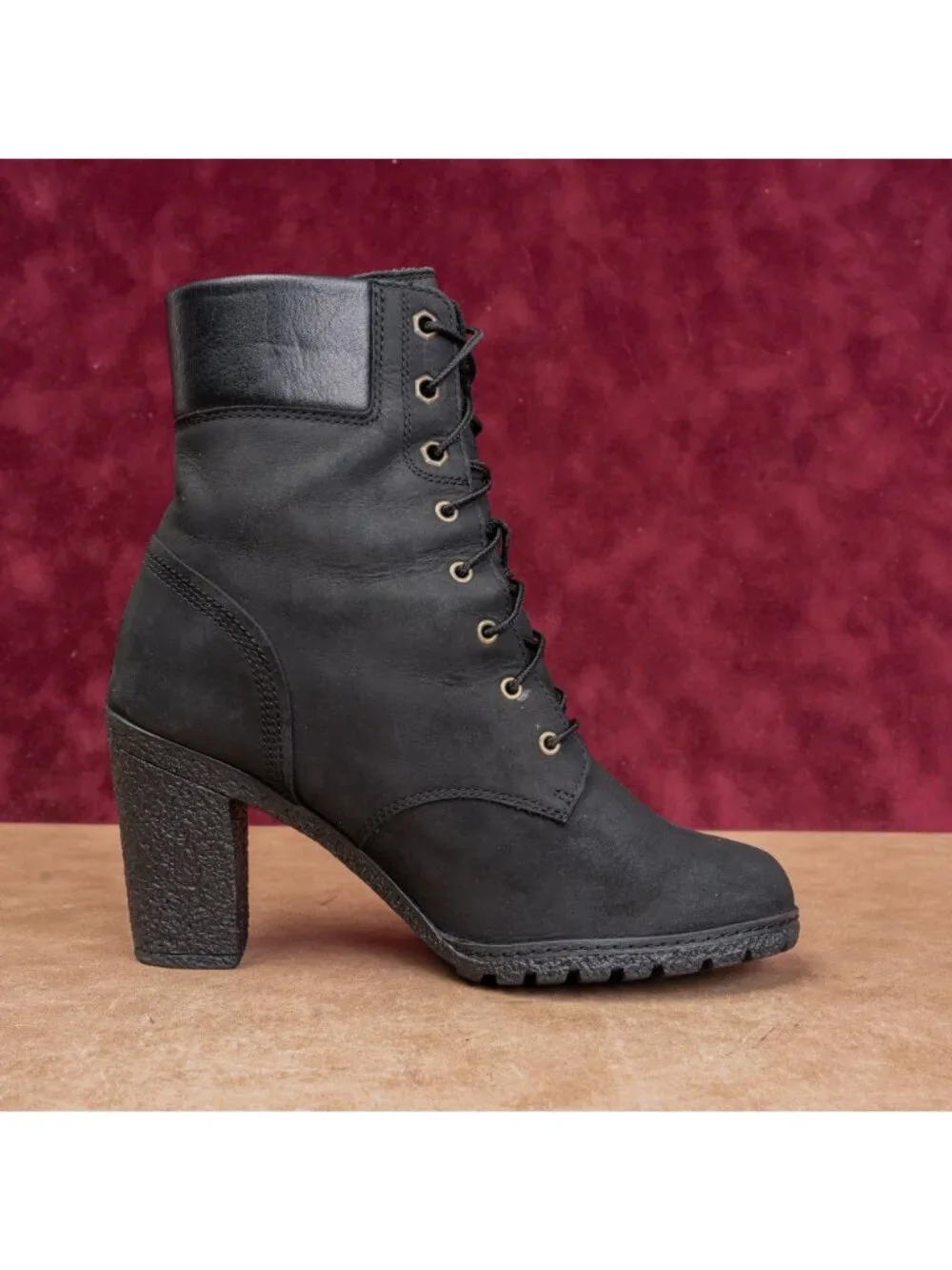 Timberland Women Glancy Lace-up Black Leather Heel Combat Boots sz 8